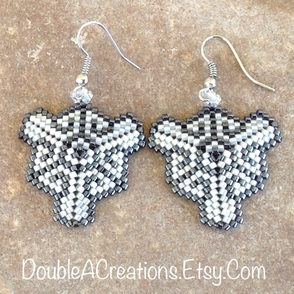 Gunmetal Gray And Light Gray Triangle Beaded Earrings, New, Handmade By Me